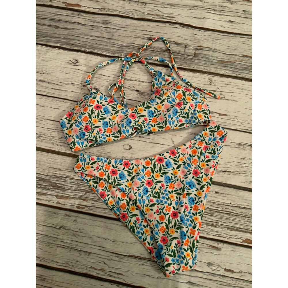 Floral Print Bikini Set‎ XS Multi Color High Cut Strappy Two Piece Swimsuit